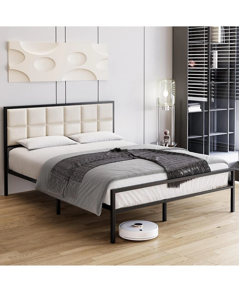 Gaomon Bed Frame, Faux Leather Platform Bed Frame with Upholstered Square Stitched Headboard