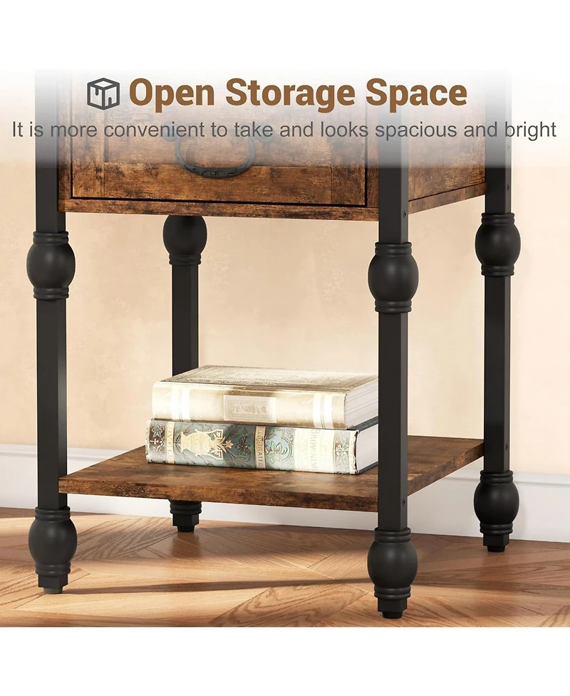 gaomon Nightstand Sets for 2, Industrial Side Table with Drawer and Storage Shelf, Metal Frame End Table with Wooden Top, Space Saving Console Table