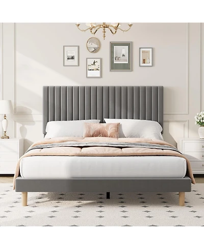 gaomon Full Size Velvet Platform Bed Frame with Vertical Channel Tufted Adjustable Headboard, Sturdy Wooden Slats, No Box Spring Needed