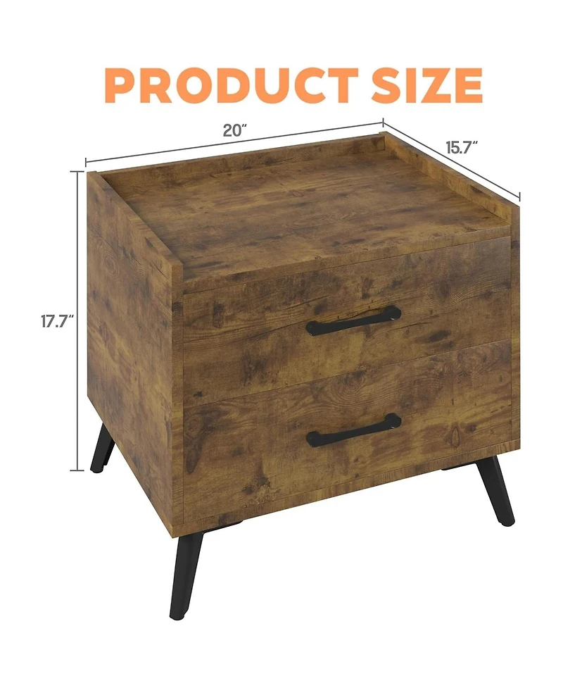 Rainsken Retro Nightstand, Minimalist End Side Table, Bedside Table with 2 Drawers and Metal Legs, Essential Bedroom Furniture