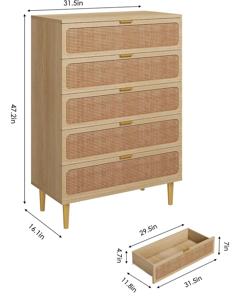 gaomon 5-Drawer Rattan Wooden Tall Storage Dresser