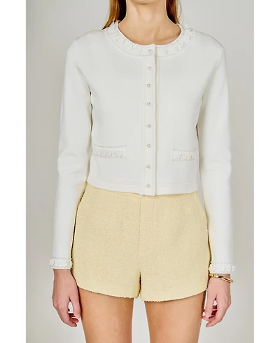 endless rose Women's Flower and Pearl Trim Knit Cardigan