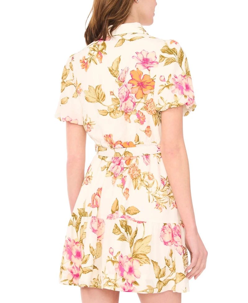 Msk Petite Puff-Sleeve Belted Fit & Flare Dress