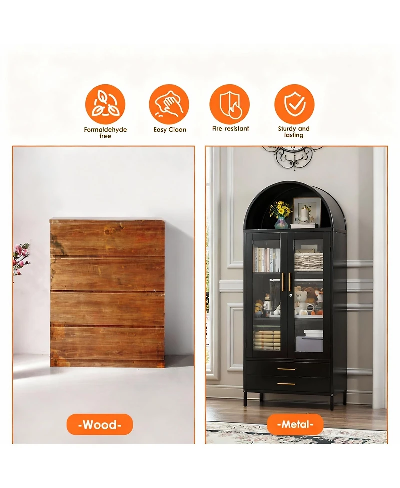 Yigii Stylish Metal Arched Bookshelf Cabinet for Home Office and Living Room