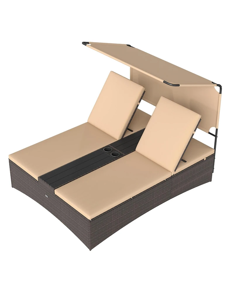 Gymax Daybed w/ Adjustable Backrests 2-Person Pe Rattan Patio Bed w/ Canopy Outdoor