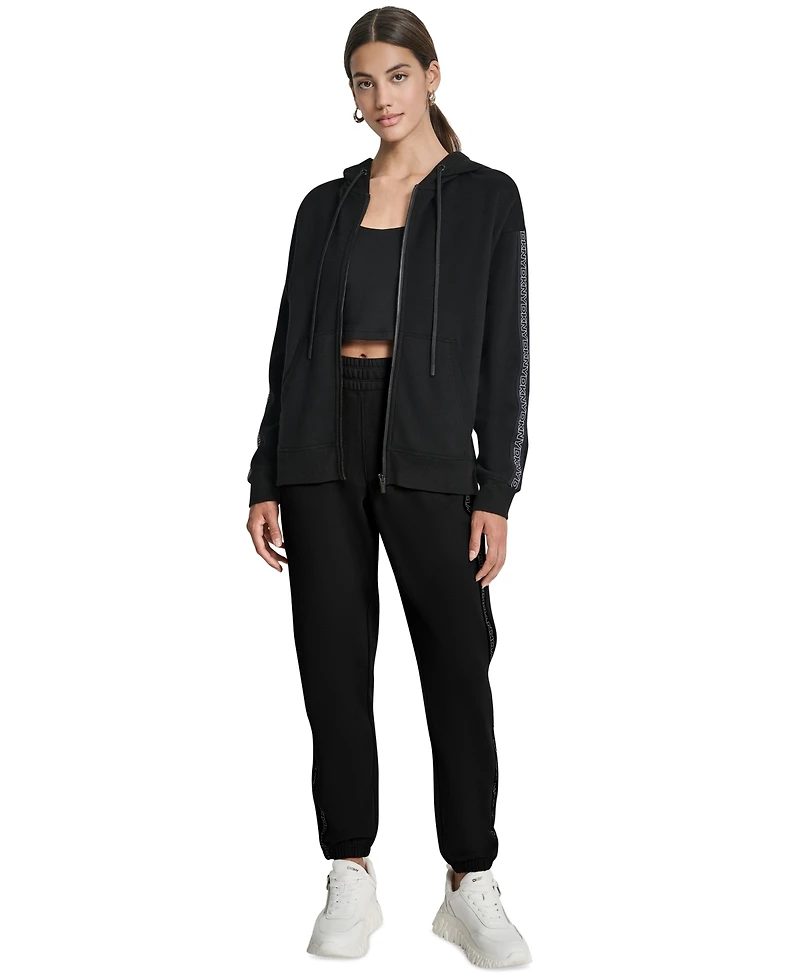 Dkny Women's Outline Logo Tape Zip Front Hoodie