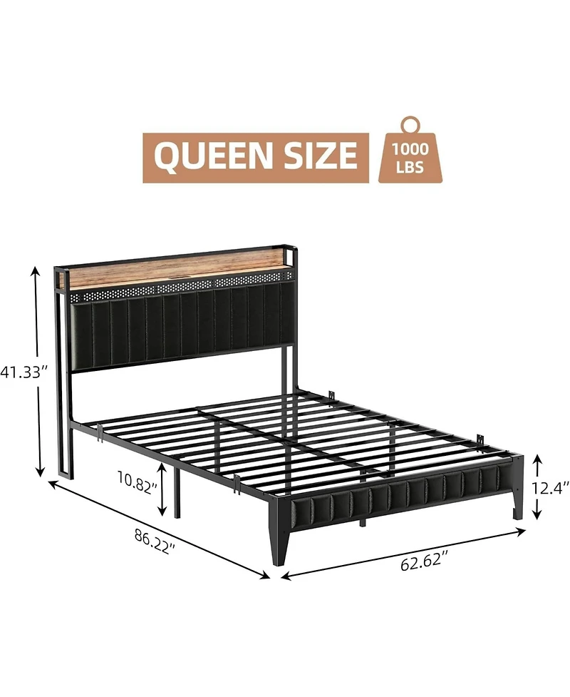 gaomon Queen Bed Frame, Storage Headboard with Charging Station, Led Bed Frame, Upholstered Platform Bed Frame Queen Size, Solid and Stable, No Box