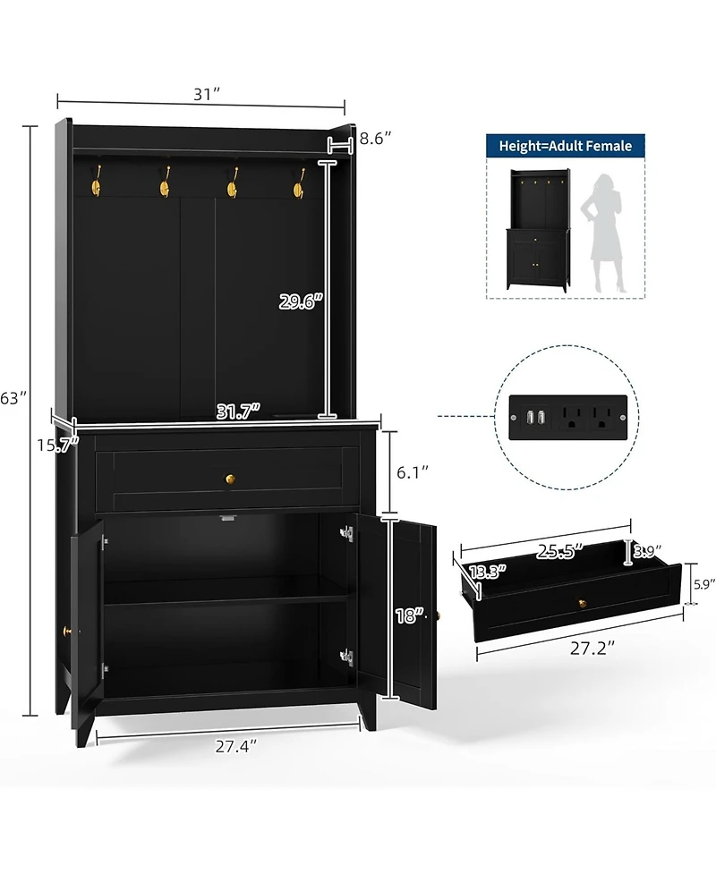 gaomon 63" Pantry Cabinet, Kitchen Storage with Charging Station, Coffee Bar Table with Drawer