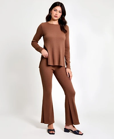 Modenaire Women's Ribbed Knit Long Sleeve Top and Flared Pants Lounge Set