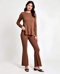 Modenaire Women's Ribbed Knit Long Sleeve Top and Flared Pants Lounge Set