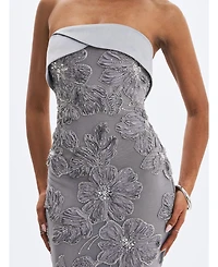 Miss Circle Women's Raphaela Silver Beaded Floral Strapless Mermaid Maxi Dress