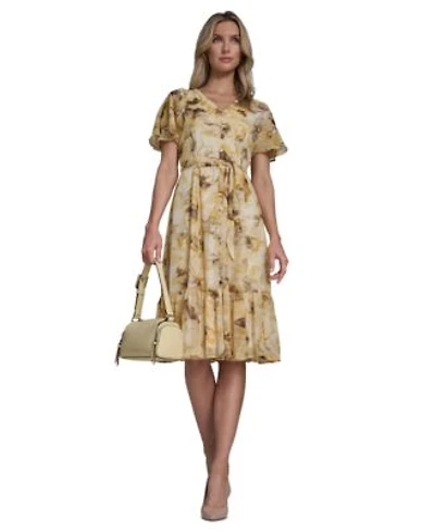 Calvin Klein Womens Flutter Sleeve Floral Print Dress