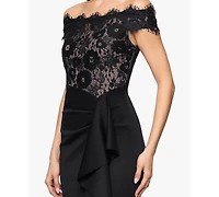 Betsy & Adam Petite Lace Off-the-Shoulder Ball Gown