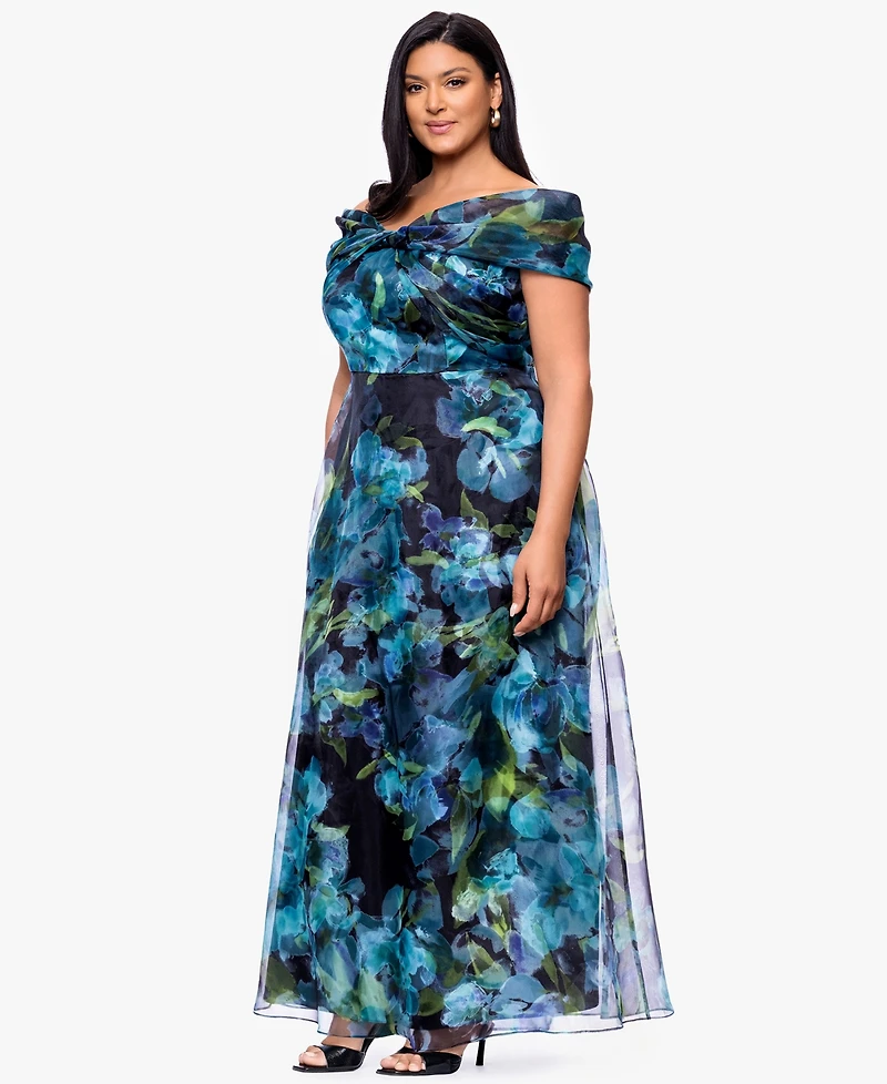 Betsy & Adam Plus Printed Off-the-Shoulder Ball Gown