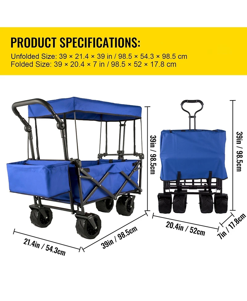 Mecale Extra Large Folding Wagon with Removable Canopy & Rear Storage, All-Terrain Utility Cart, Blue