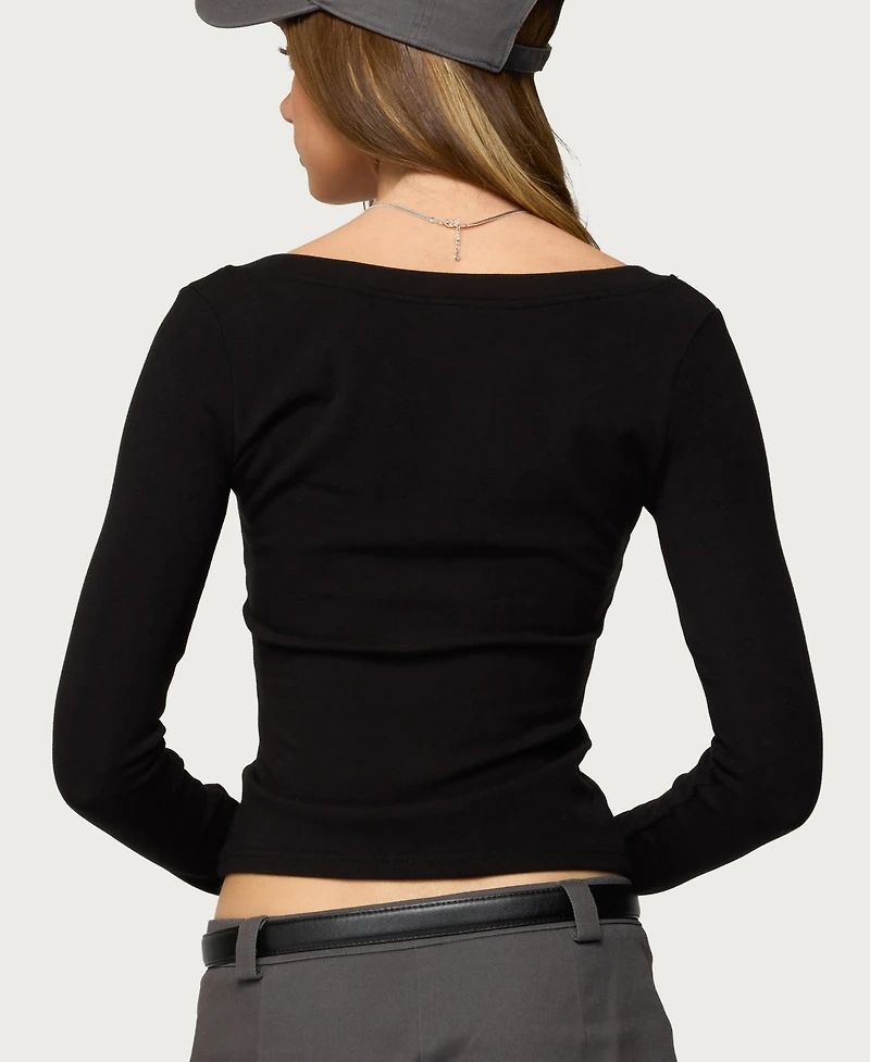 Edikted Women's Larna V Neck Ribbed T Shirt