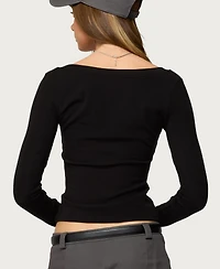 Edikted Women's Larna V Neck Ribbed T Shirt