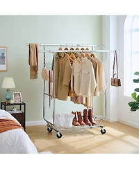 Rainsken Double Clothing Garment Rack, Double Rod Rolling Clothing Rack, Portable Collapsible Hanging Rack with Shelves, Capacity 800lbs for Bedroom