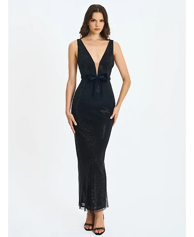 Miss Circle Women's Olympia Belted Bow Plunging Rhinestone Maxi Dress