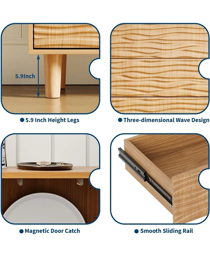 gaomon 61" Mid Century Sideboard Buffet Cabinet with Undulating Groove Design, Large Storage Cabinet with 3 Drawers, 2 Push-to-Open Doors