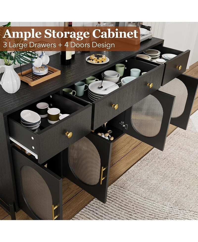 gaomon Buffet Cabinet With Storage, 62" Large Sideboard, Wooden 3 Drawers and 4 Fluted Glass Doors, Coffee Bar Table for Kitchen
