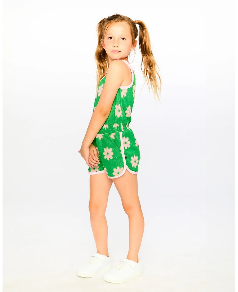 Deux par Big Girls Terry Cloth Sleeveless Jumpsuit Green Printed Flowers