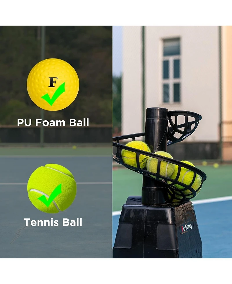 Furlihong training machine net combo offers continuous tennis/baseball practice with auto ball recycling; Ac or battery powered