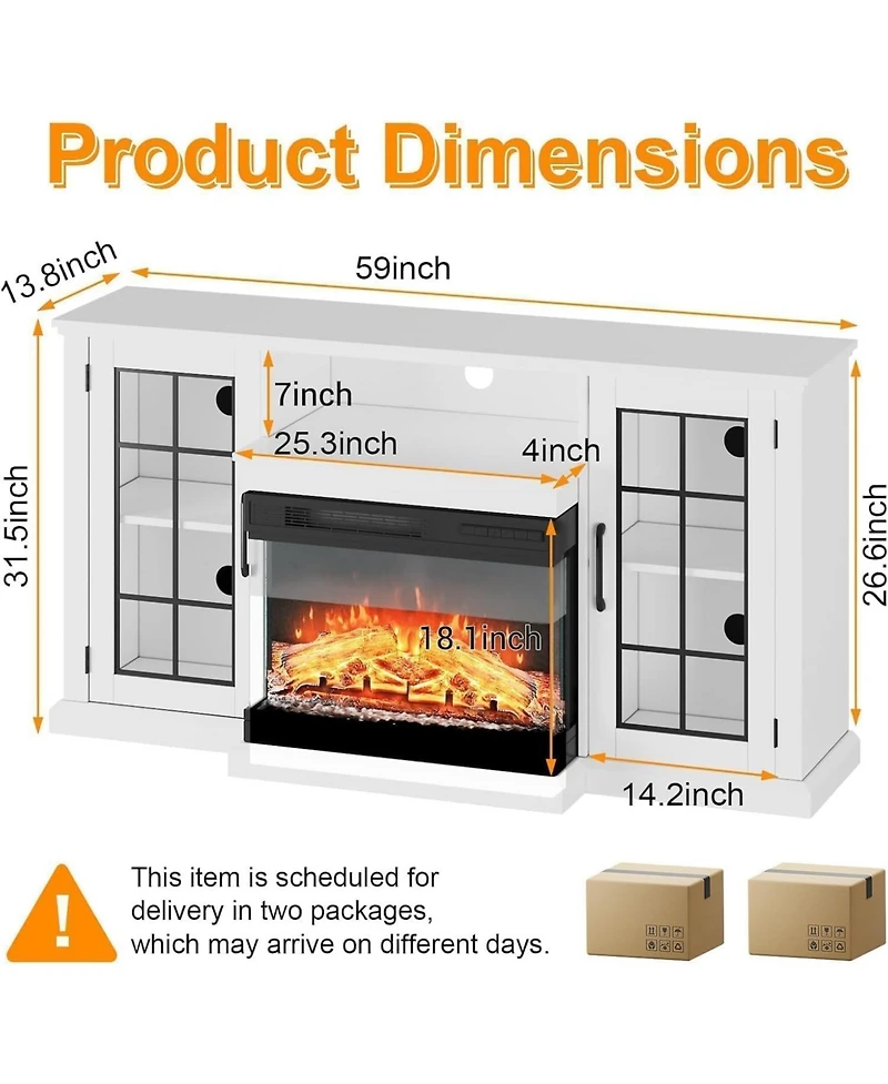 gaomon 75" Fireplace Tv Stand, Modern Entertainment Center with 24" 3-Sided Glass Electric Fireplace, 12 Flame Colors, Remote Control