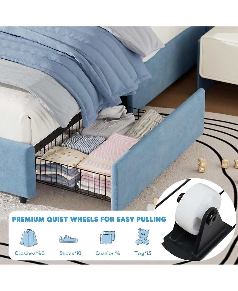 gaomon Twin Bed Frame for Kids with 2 Storage Drawers, Cute Velvet Princess Platform Upholstered Headboard Girls, Boys, Solid Wood