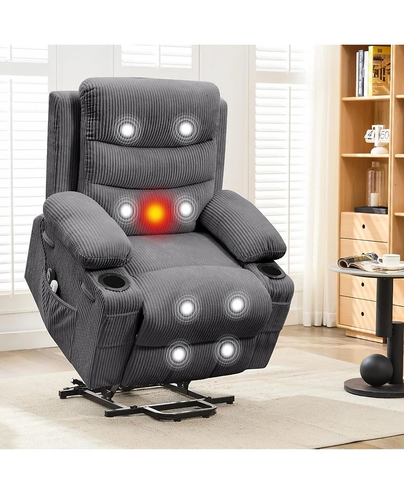 gaomon Electric Lift Recliner with Massage & Heat for Elderly, Pu Leather Big & Tall Reclining Chair with Cup Holders & Storage