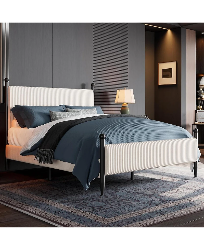 Gaomon Queen Upholstered Bed Frame with Velvet Headboard, Corduroy Platform, Wood Slats, White
