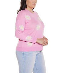 Belldini Plus Jacquard-Flower Crew Neck Sweater