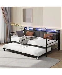 gaomon Twin Daybed with Trundle & Led Light, Metal Frame, Linen Headboard, Charging Station