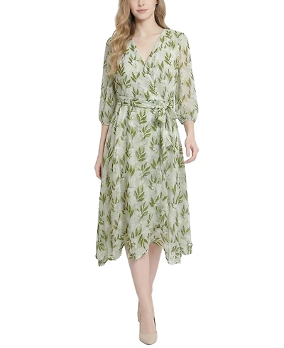 Ny Collection Petite 3/4 Sleeve V Neck Belted Chiffon Dress