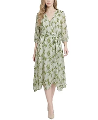 Ny Collection Petite 3/4 Sleeve V Neck Belted Chiffon Dress