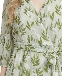 Ny Collection Petite 3/4 Sleeve V Neck Belted Chiffon Dress