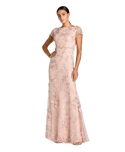 Women's Floral Applique Boat Neck Short Sleeve Gown