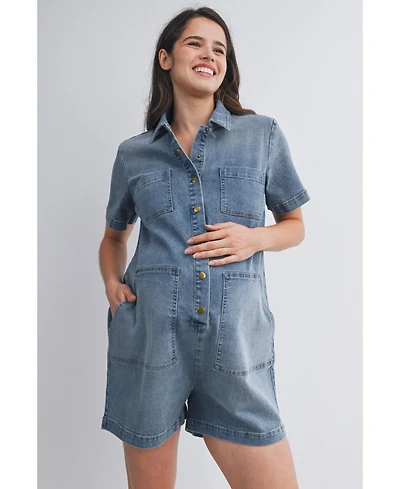 Hello Miz Maternity Nursing-Friendly Button Down Collared Short Sleeve Romper