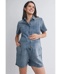 Hello Miz Maternity Nursing-Friendly Button Down Collared Short Sleeve Romper