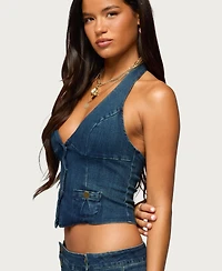 Edikted Women's Sashe Button Up Denim Halter Top
