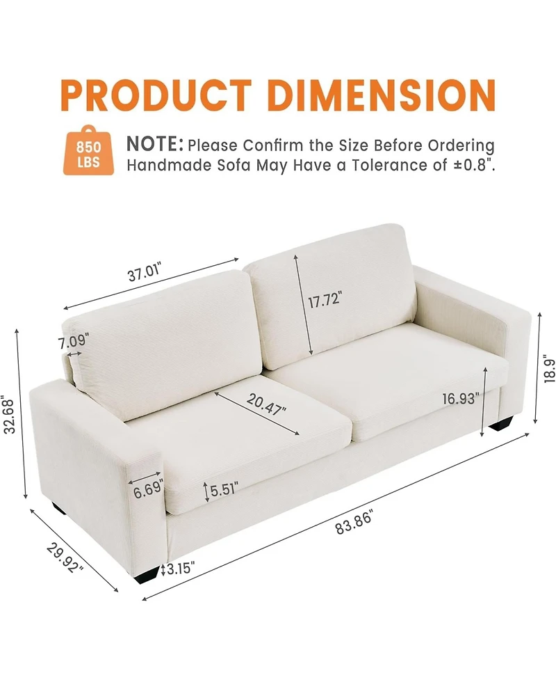 gaomon Comfy Corduroy Couches, Modern Upholstered Sofa with Wide Armrests, Cloud Couch with Deep Seat Sofa, Sturdy Structure