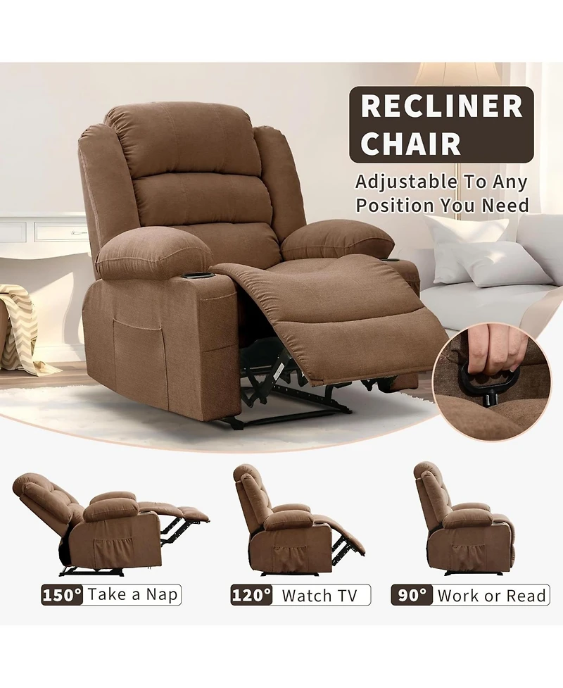 gaomon Recliner Chair, Comfy Overstuffed Chair with 3 Reclining Positions, 2 Side Pockets, 2 Front Pockets, Cup Holder