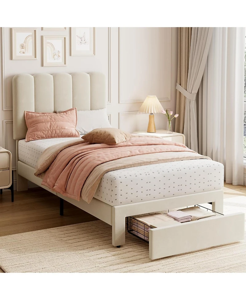 gaomon 2 Sets Twin Bed Frame with Under-Bed Drawer, Upholstered Platform Bed with Wave Headboard for Kids/Girls