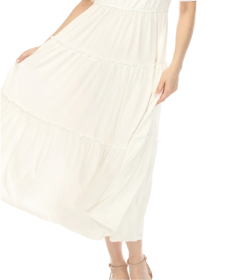 White Mark Women's Square Neck Short Sleeve Tiered Dress