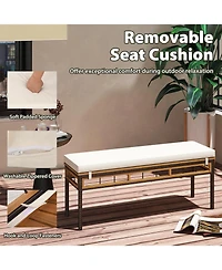 Gymax 2Pcs Wicker Patio Bench/Acacia Wood Seat Removable Padded Cushion for Deck