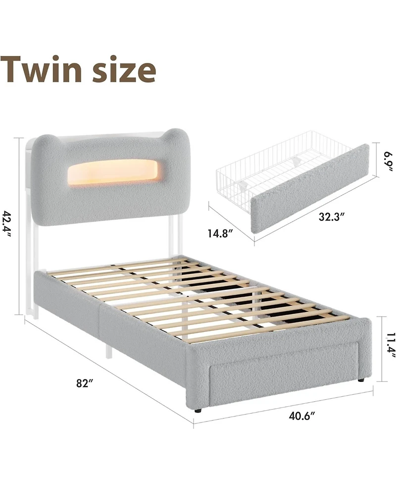gaomon Twin Led Upholstered Platform Bed with Two-Tier Storage Headboard, Charging Station, Drawer, Strong Metal Frame, No Box Spring