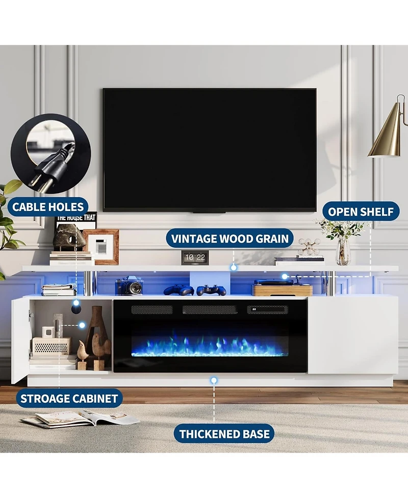 gaomon 70" Fireplace Tv Stand with 36" Electric Fireplace Heater, 12 Flame and 7 Led Color Modes, High-Gloss Entertainment Center with 2-Tie