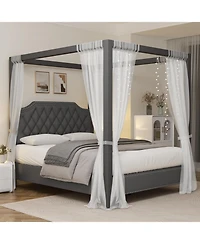 Gaomon Upholstered Canopy Bed Frame Queen with headboard, Button Tufted, Nailhead Trim Design, No Box Spring Required