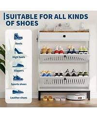 gaomon Shoe Storage Cabinet with 2 Flip Drawers & Top Drawer, Wooden Shoe Organizer with Hollow Panels for Entryway