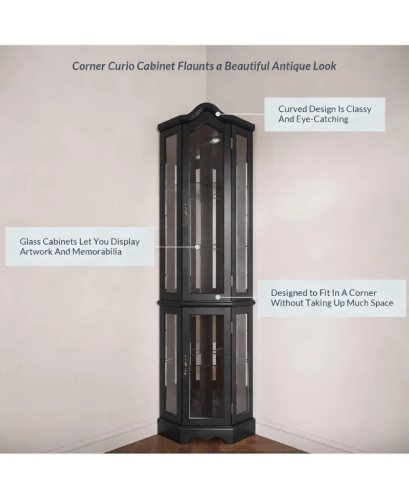 Yigii Antique-Style Corner Curio Cabinet with Adjustable Shelves and Light